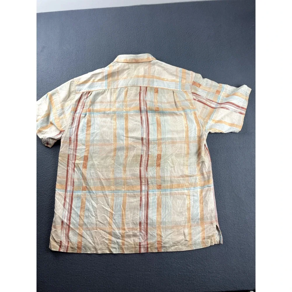 Tommy Bahama Button Up Shirt Men's L Silk Orange‎ Plaid Camp Lightweight Beach